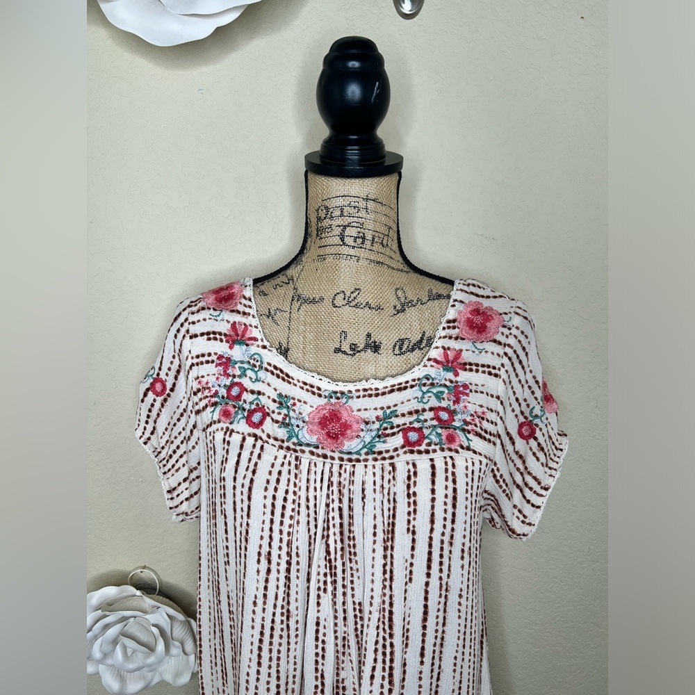 NTM: Savanna Jane Dot Striped Floral Embroidered Peasant Blouse Sz Large - Picture 3 of 15